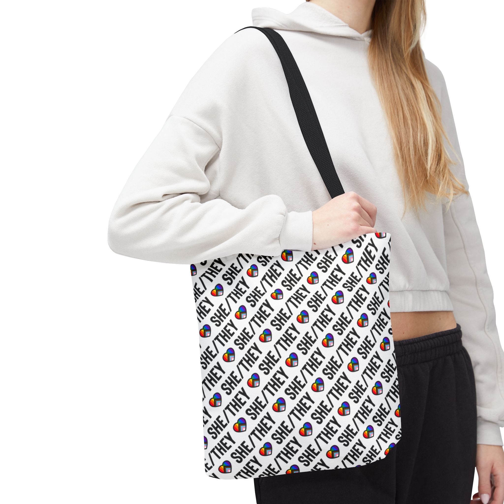 She/They Pride Pattern Tote Bag | All-Over Print Pronoun Carryall