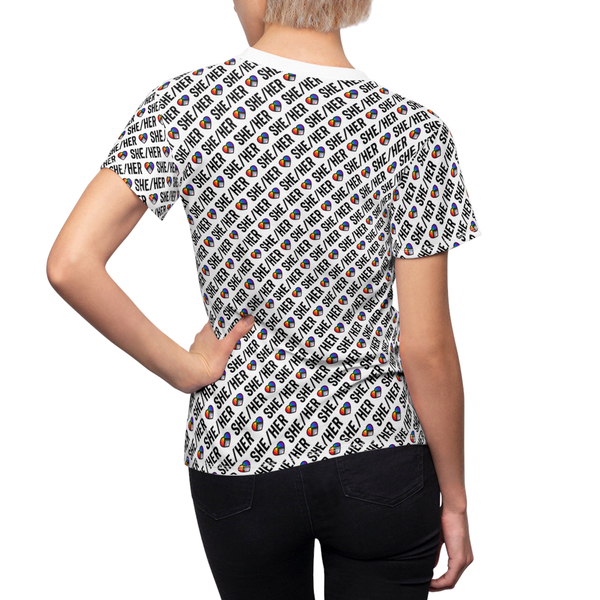 She/Her Pride Pattern Women’s T-Shirt | All-Over Print Pronoun Tee