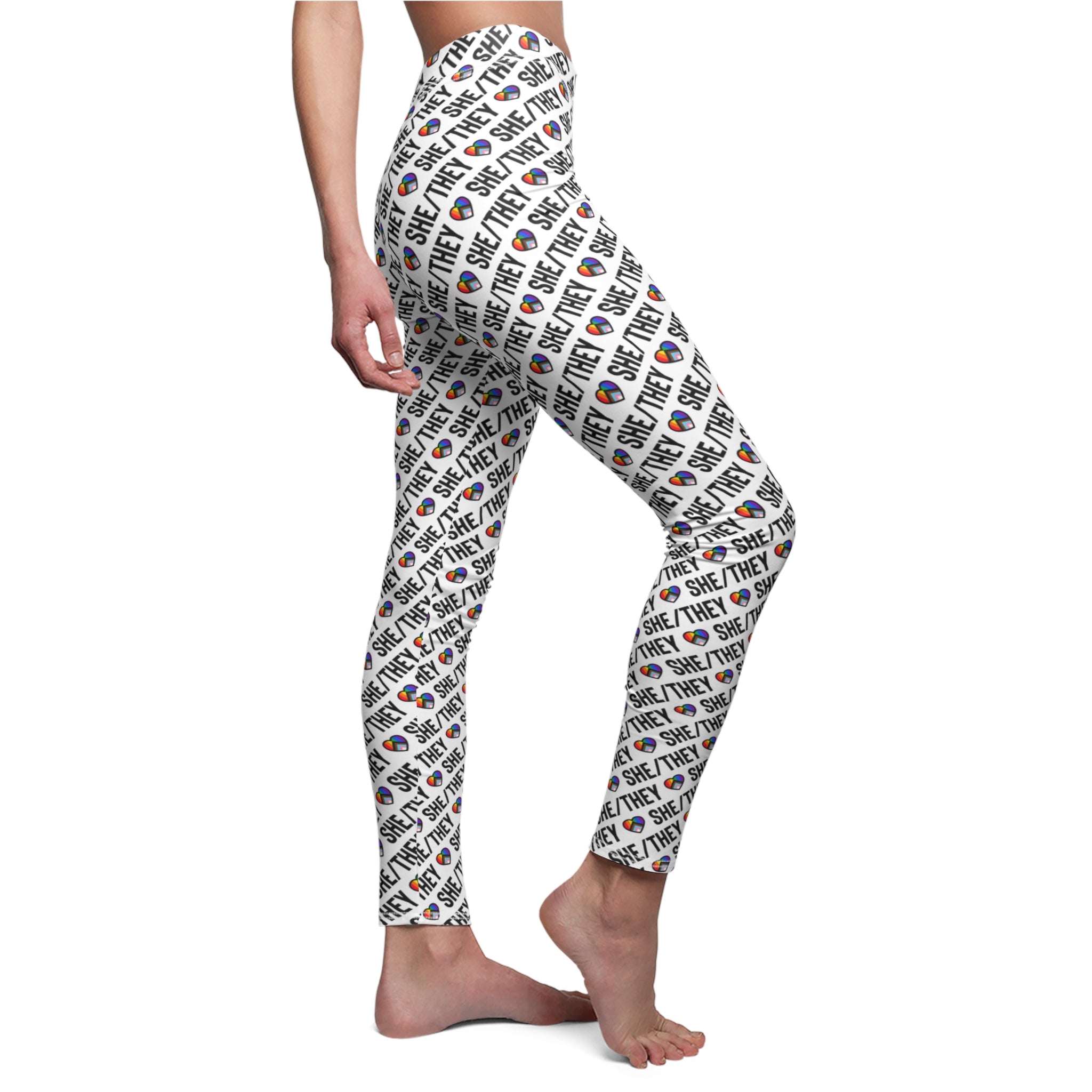 She/They Pride Pattern Leggings | All-Over Print Pronoun Leggings