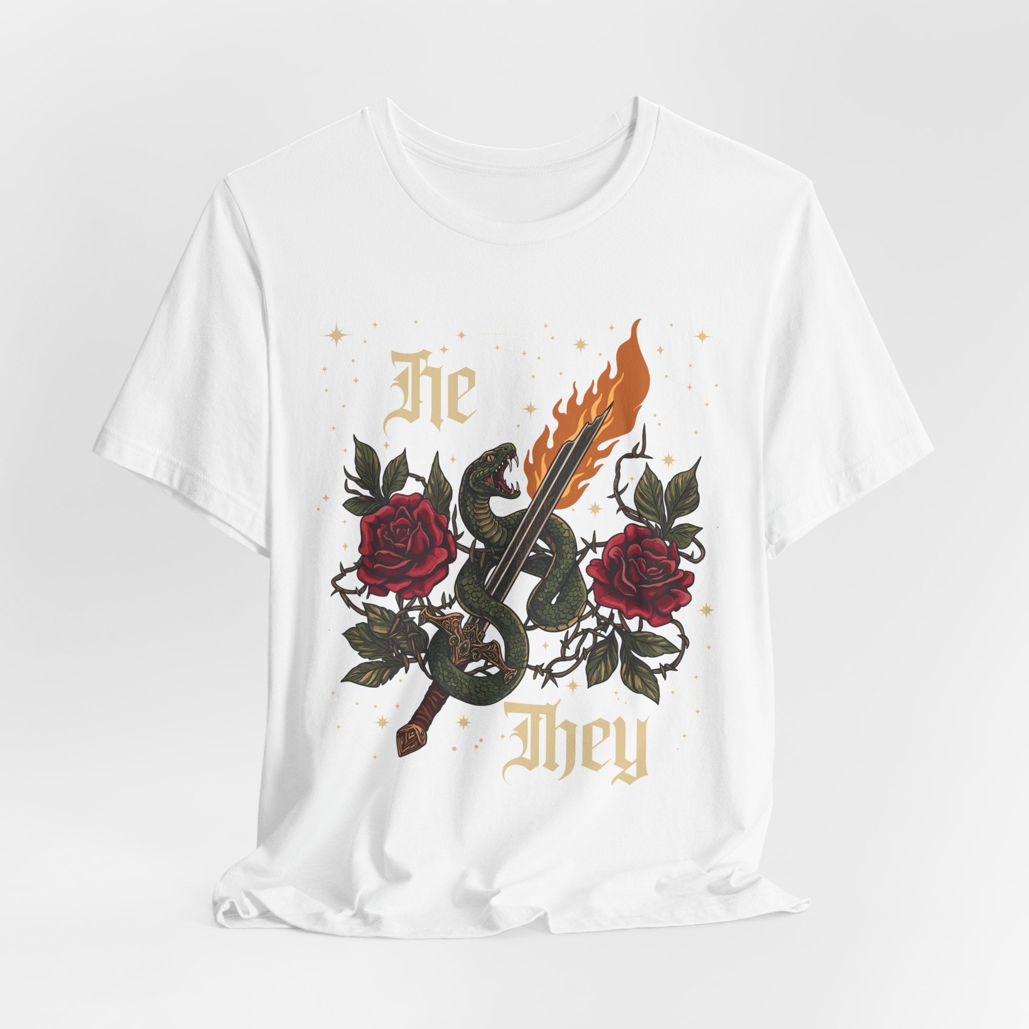 He/They Gothic Tattoo T-Shirt | Bella+Canvas 3001 Pronoun Graphic Tee