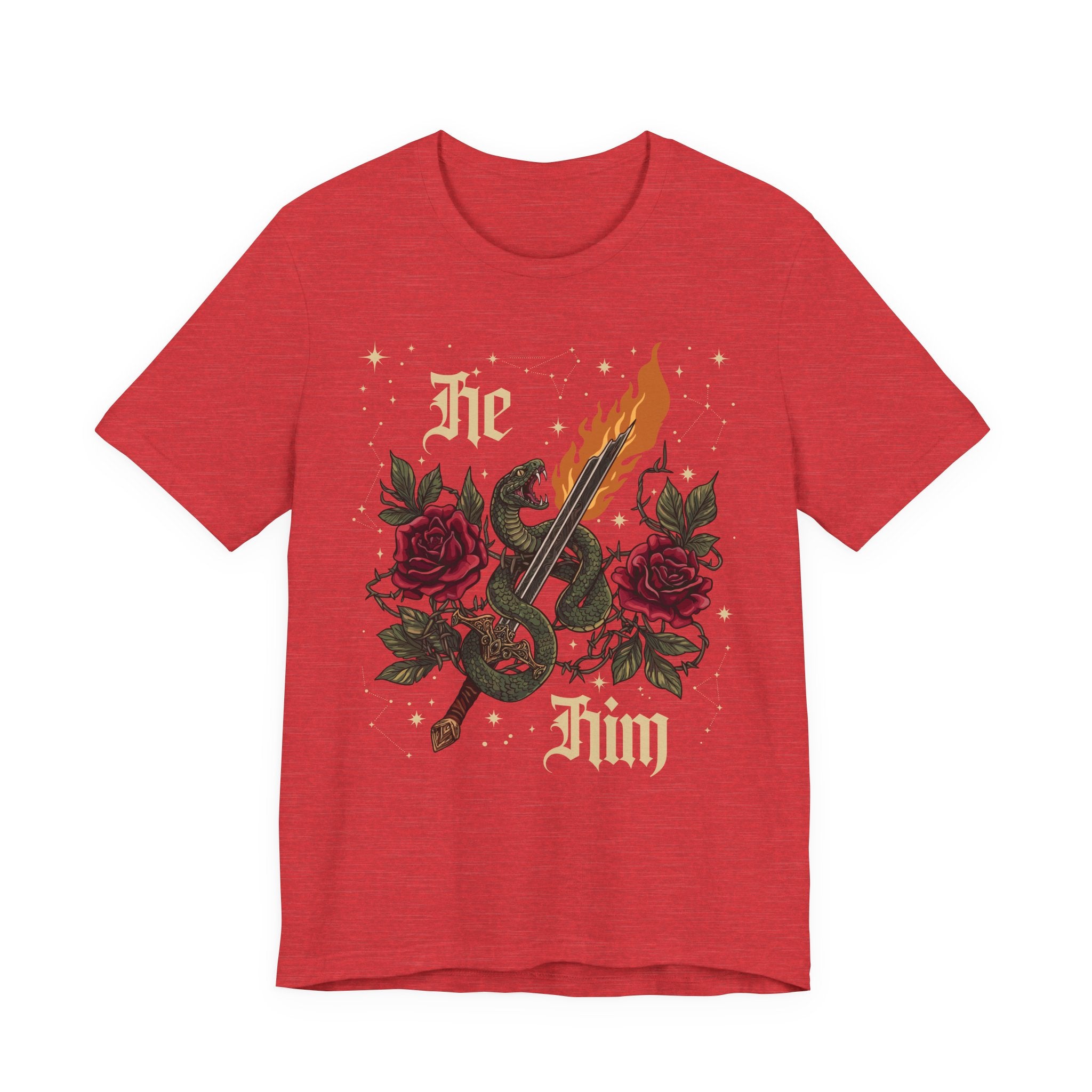 He/Him Gothic Tattoo T-Shirt | Bella+Canvas 3001 Pronoun Graphic Tee