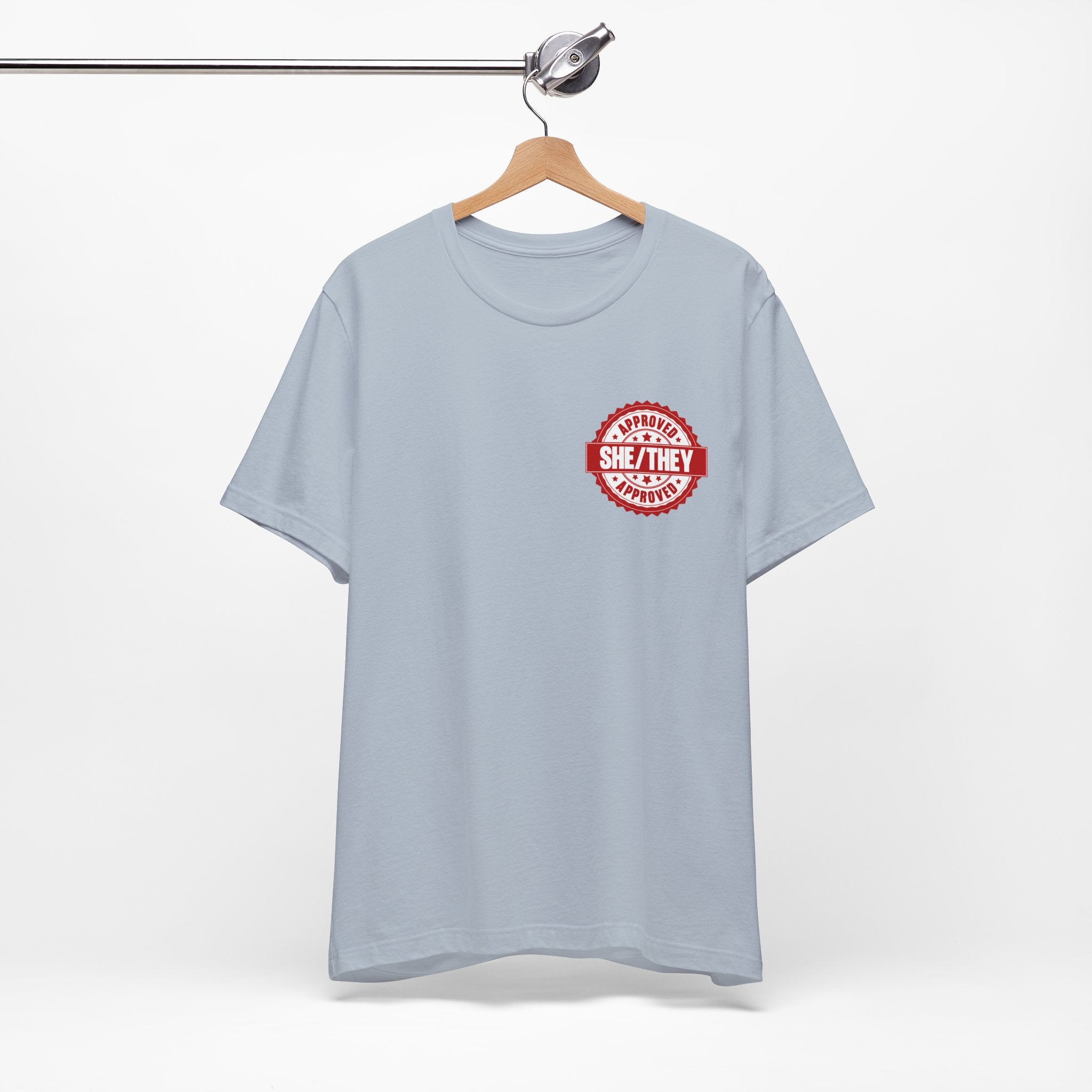 She/They Approved Stamp T-Shirt | Bella+Canvas 3001 Pronoun Graphic Tee